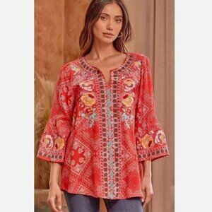 Savanna Jane Red Handkerchief Blouse Women's 2X Embroidered Flowers Peasant Boho